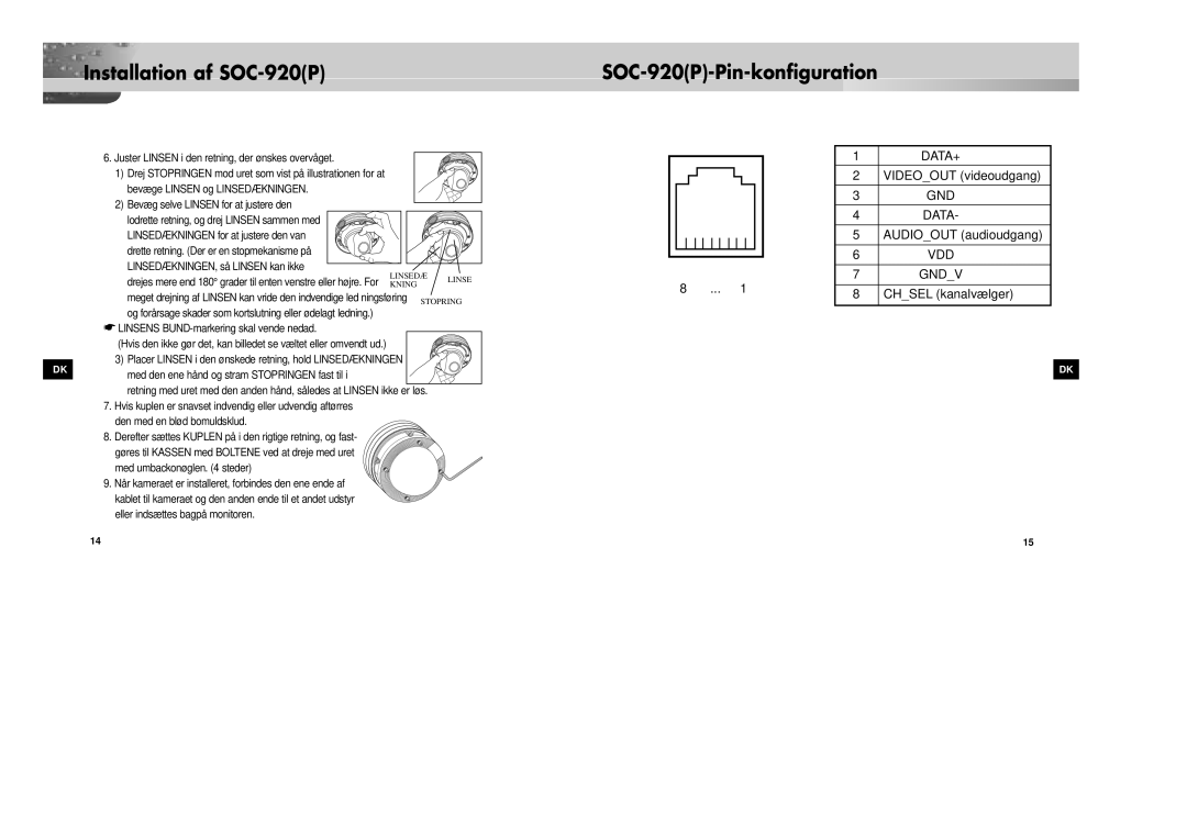 Samsung SOC-920P/W manual Installation af SOC-920P SOC-920P-Pin-konfiguration, LINSEDÆKNINGEN, så Linsen kan ikke 