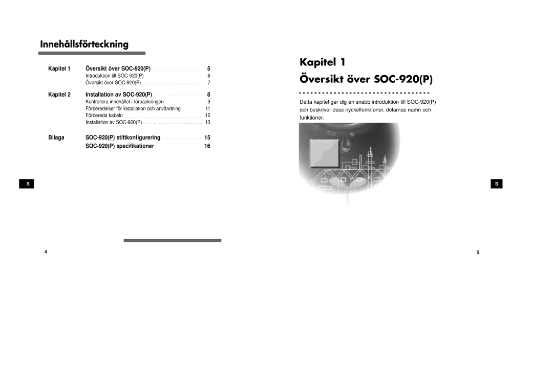 Samsung SOC-920P/W manual Kapitel Översikt över SOC-920P, Innehållsförteckning, Kapitel Installation av SOC-920P 