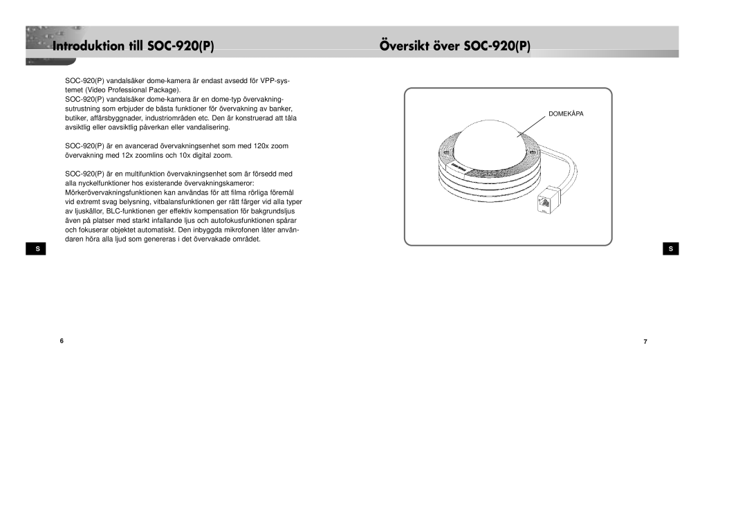 Samsung SOC-920P/W manual Introduktion till SOC-920P Översikt över SOC-920P 