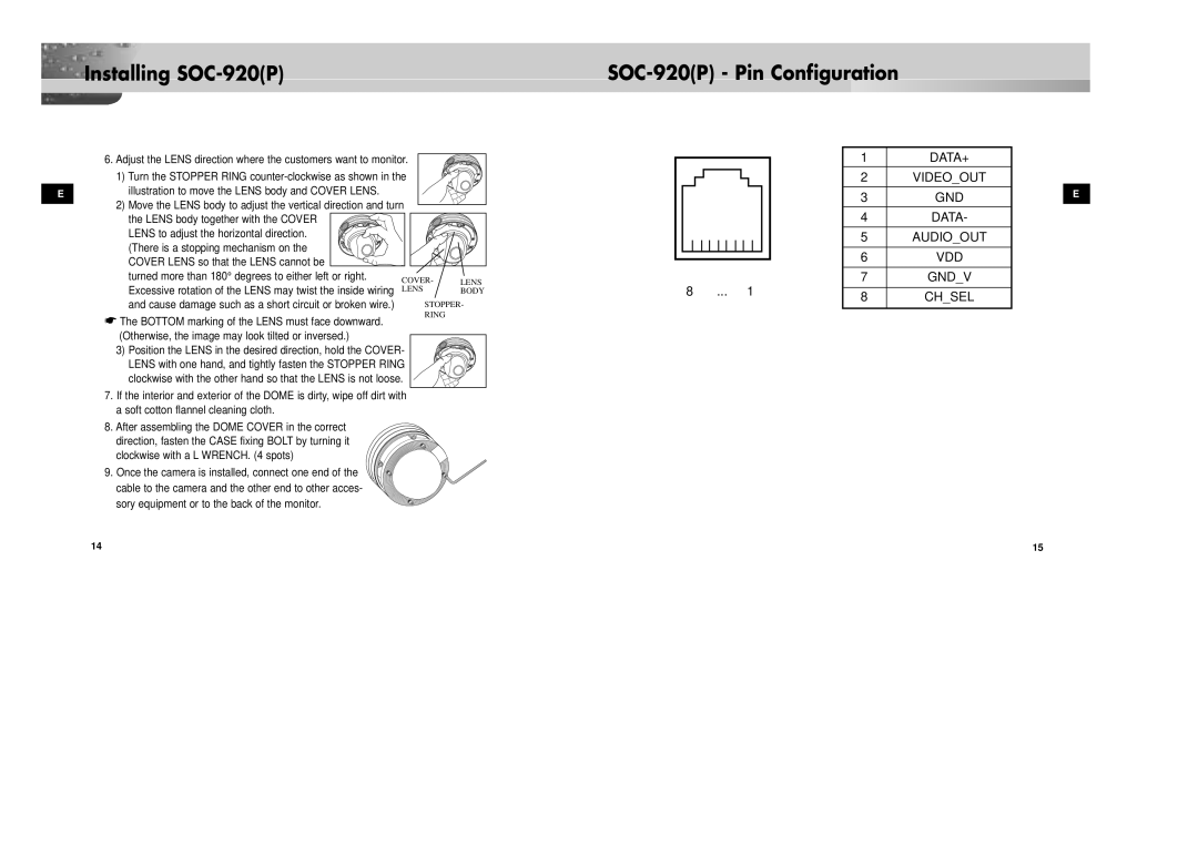 Samsung SOC-920P/W manual Installing SOC-920P SOC-920P Pin Configuration 