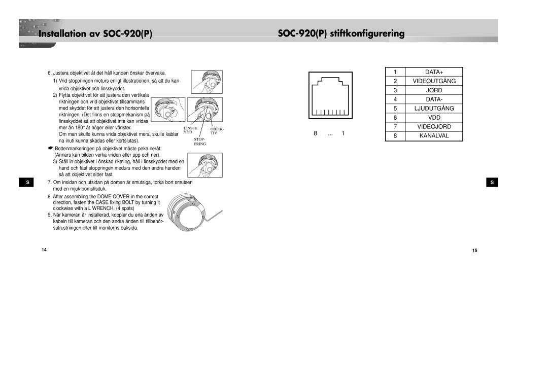 Samsung SOC-920P/W manual Installation av SOC-920P SOC-920P stiftkonfigurering 