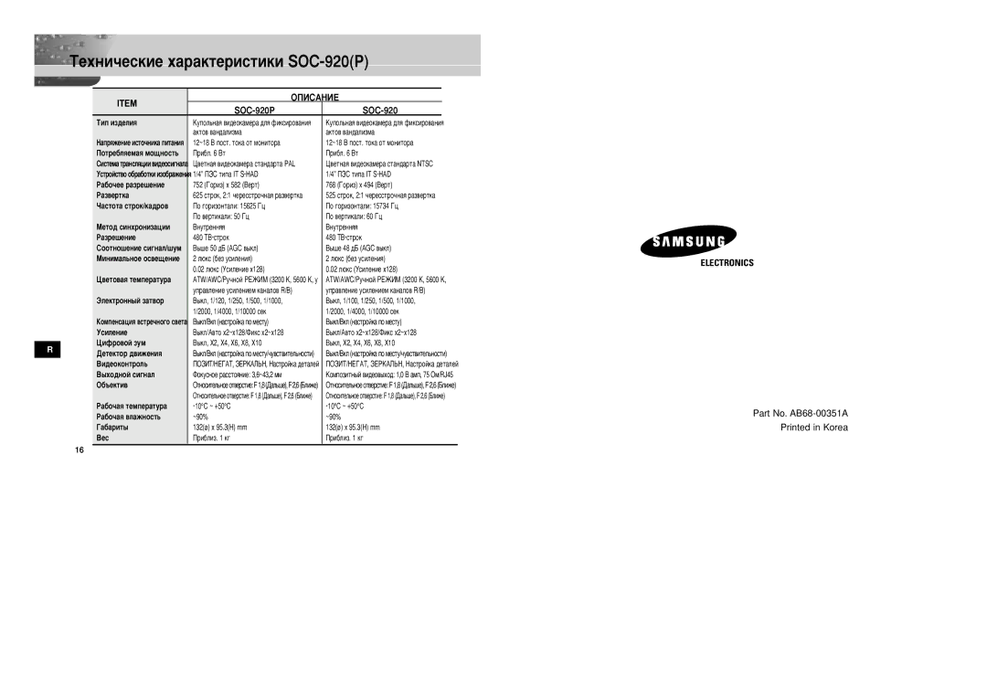 Samsung SOC-920P/W manual ÍÂıÌË˜ÂÒÍËÂ ı‡‡ÍÚÂËÒÚËÍË SOC-920P, ÉèàëÄçàÖ SOC-920P 