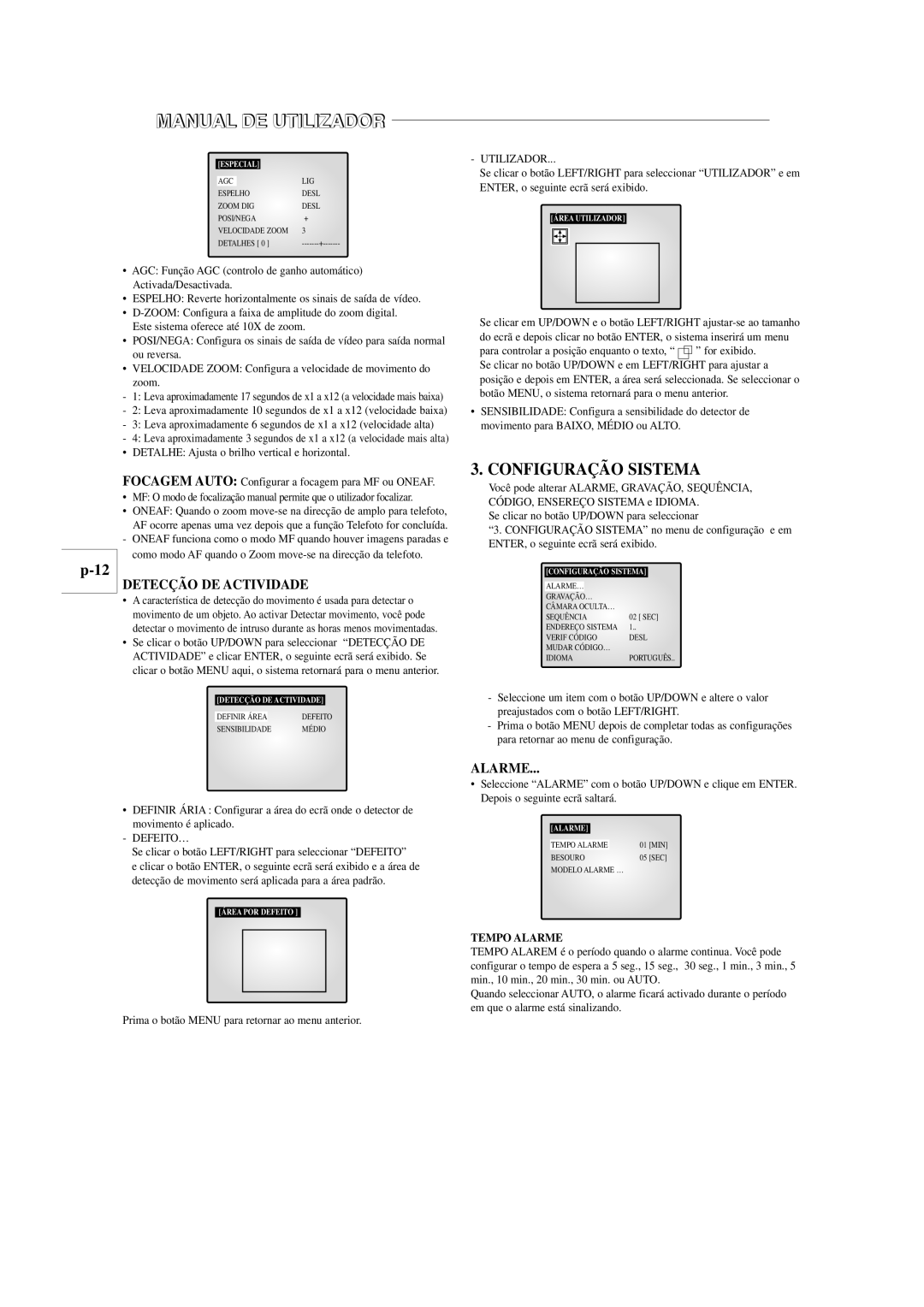 Samsung SOM-080AN manual Configuração Sistema, Detecção DE Actividade, Tempo Alarme 