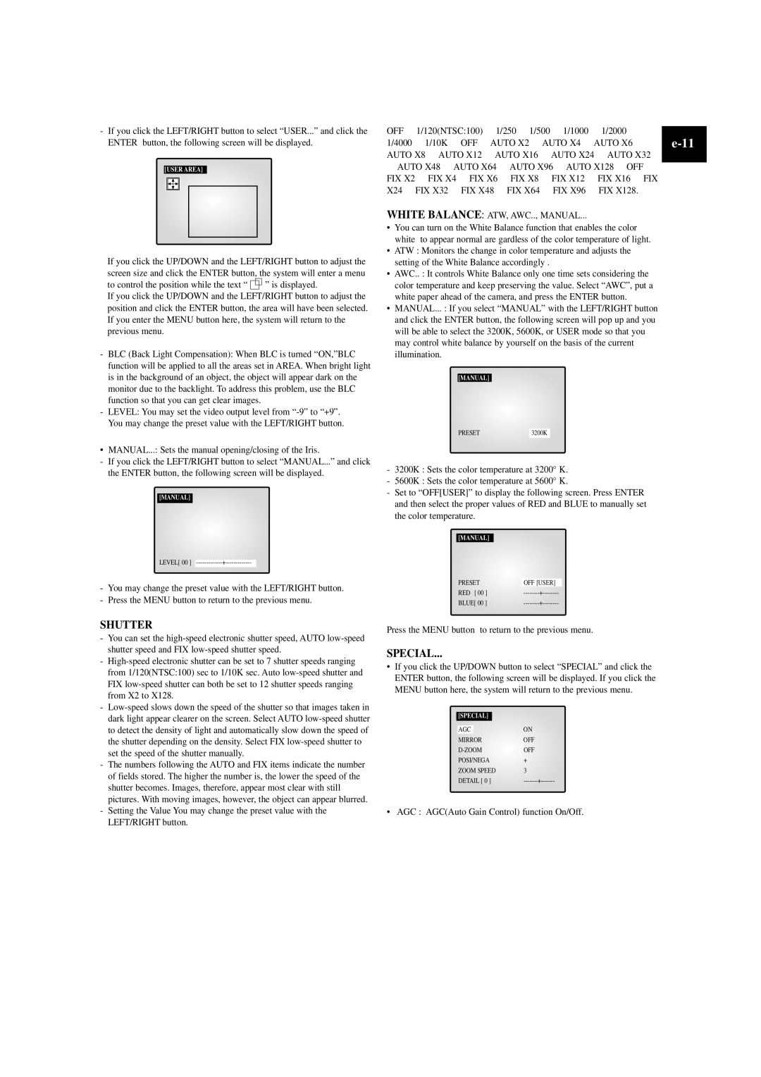 Samsung SOM-080AN manual Shutter, Special, White Balance ATW, AWC.., Manual, AGC AGCAuto Gain Control function On/Off 