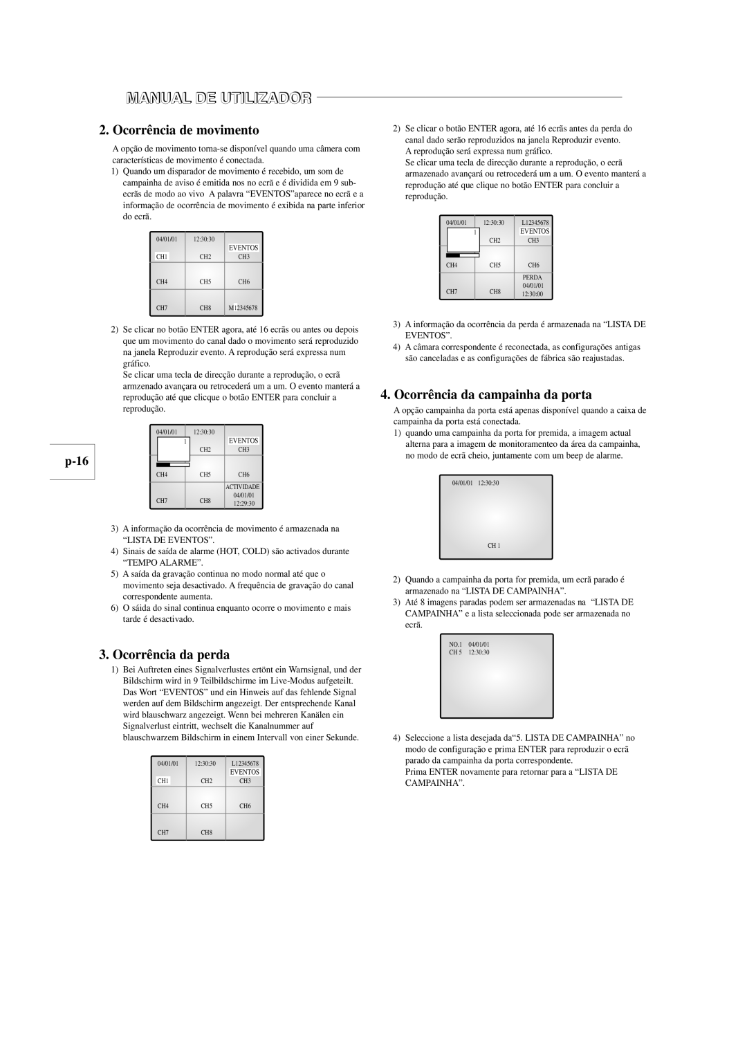 Samsung SOM-080AN manual Ocorrência de movimento, Ocorrência da perda, Ocorrência da campainha da porta, Lista DE Eventos 