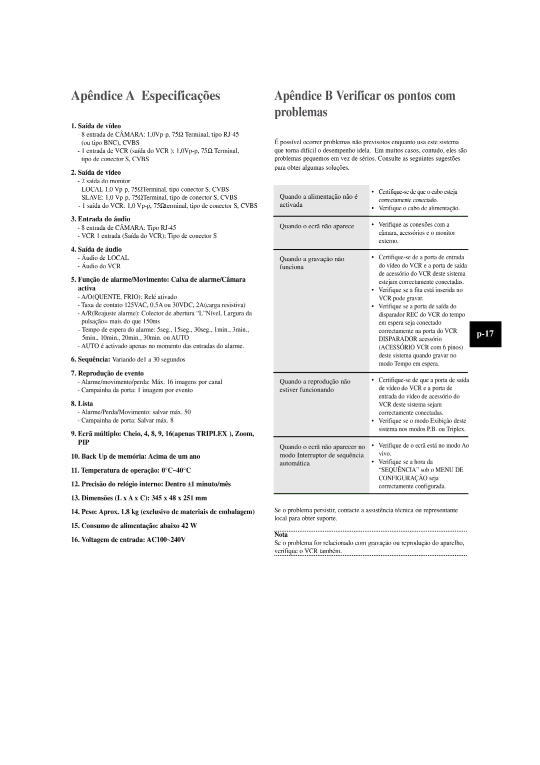 Samsung SOM-080AN manual Apêndice a Especificações, Apêndice B Verificar os pontos com problemas 