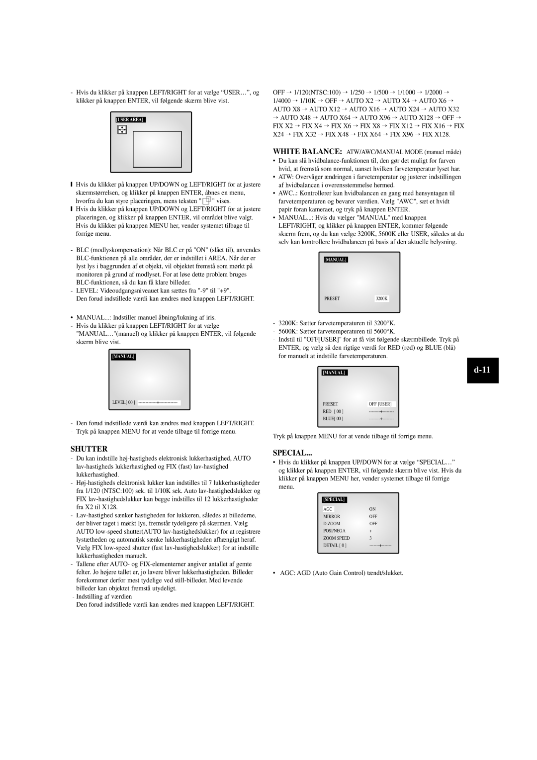 Samsung SOM-080AN manual White Balance ATW/AWC/MANUAL Mode manuel måde, AGC AGD Auto Gain Control tændt/slukket 