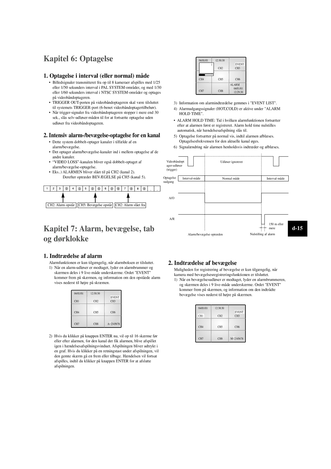 Samsung SOM-080AN manual Kapitel 6 Optagelse, Kapitel 7 Alarm, bevægelse, tab og dørklokke, Indtrædelse af alarm 