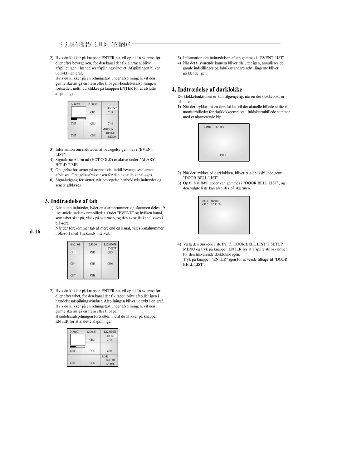 Samsung SOM-080AN manual Indtrædelse af tab, Indtrædelse af dørklokke, Blå-sort med 1 sekunds interval 