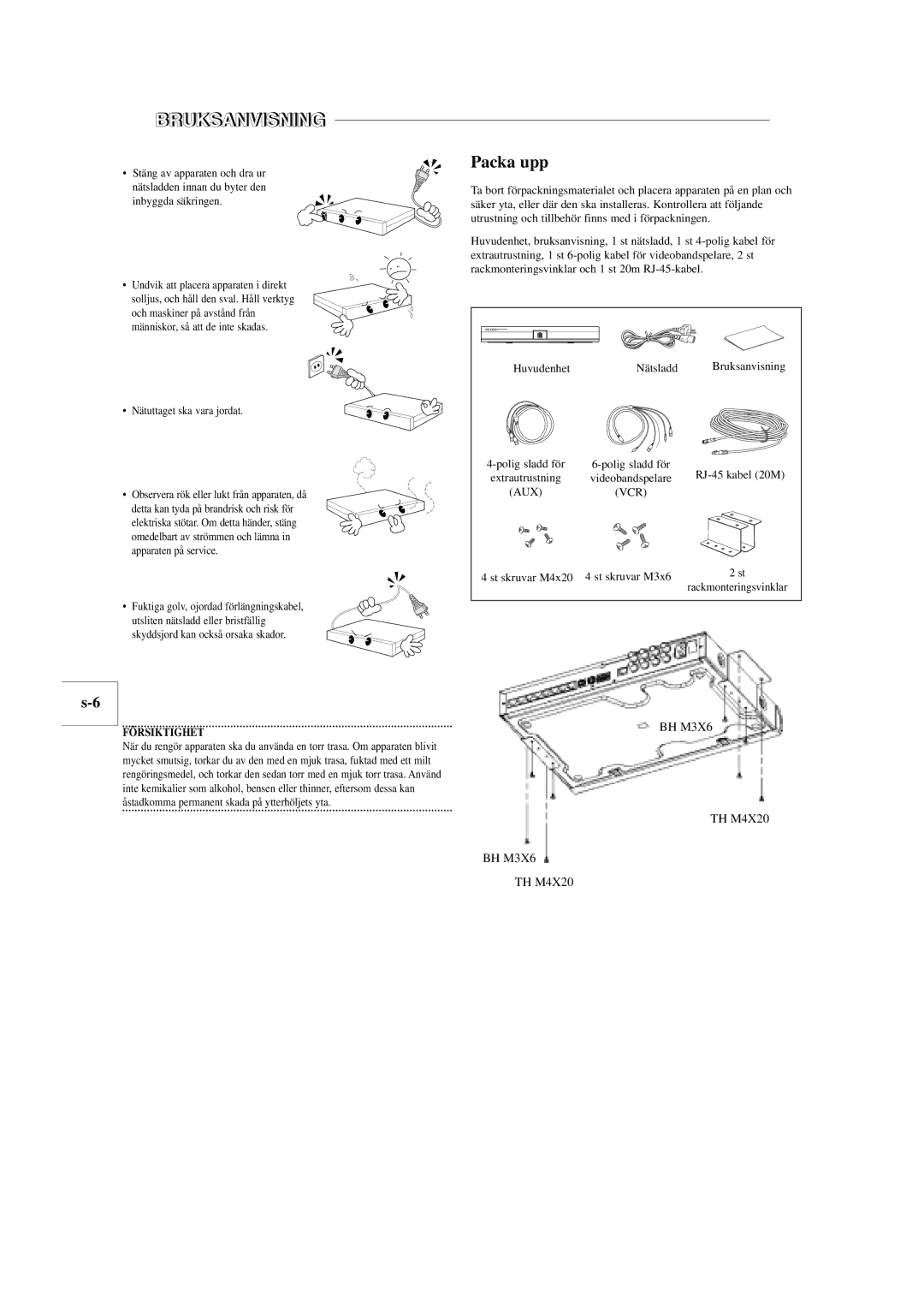 Samsung SOM-080AN manual Packa upp, Nätuttaget ska vara jordat, St skruvar M4x20 St skruvar M3x6, Försiktighet 