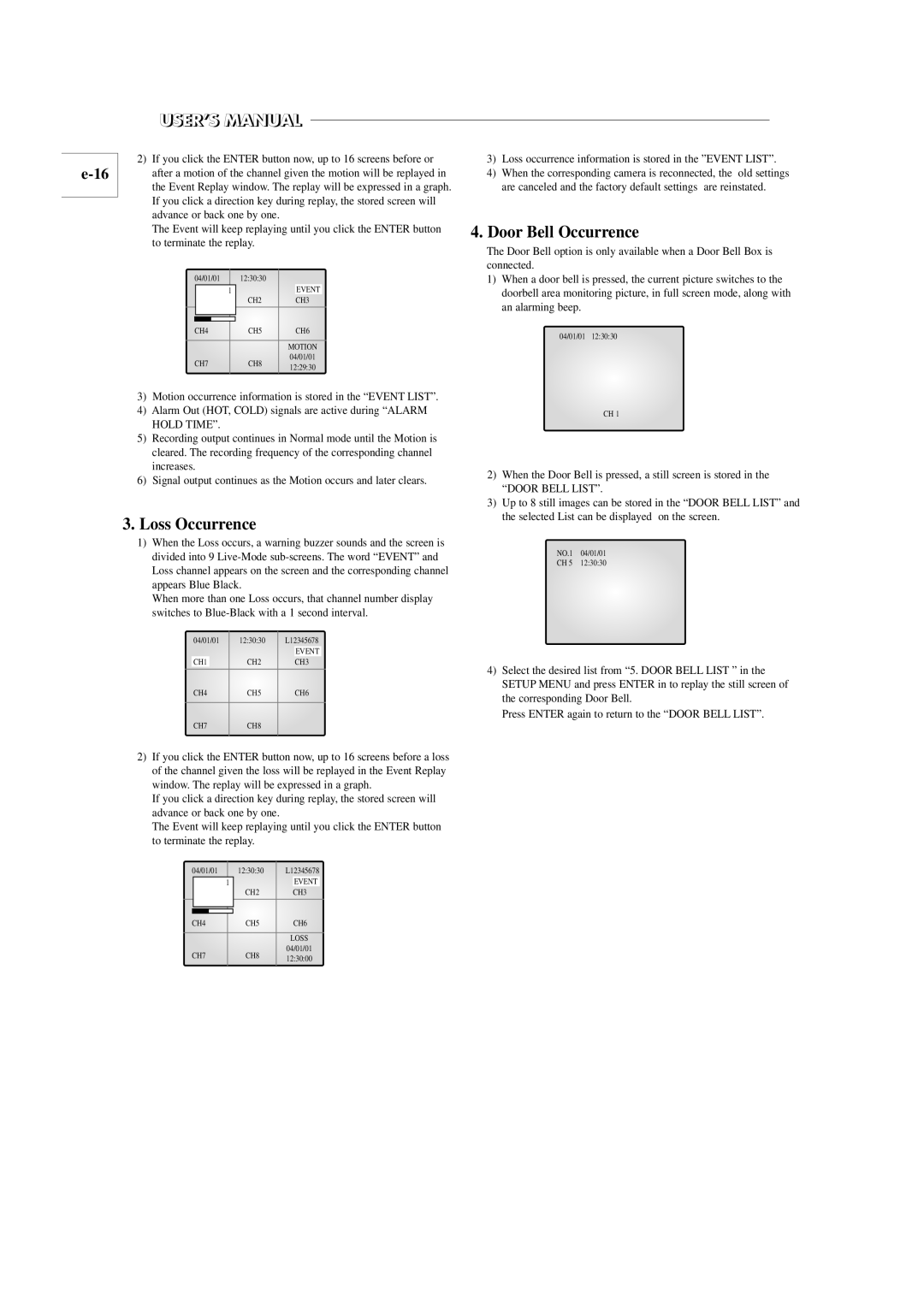 Samsung SOM-080AN manual Loss Occurrence, Door Bell Occurrence, Loss occurrence information is stored in the Event List 