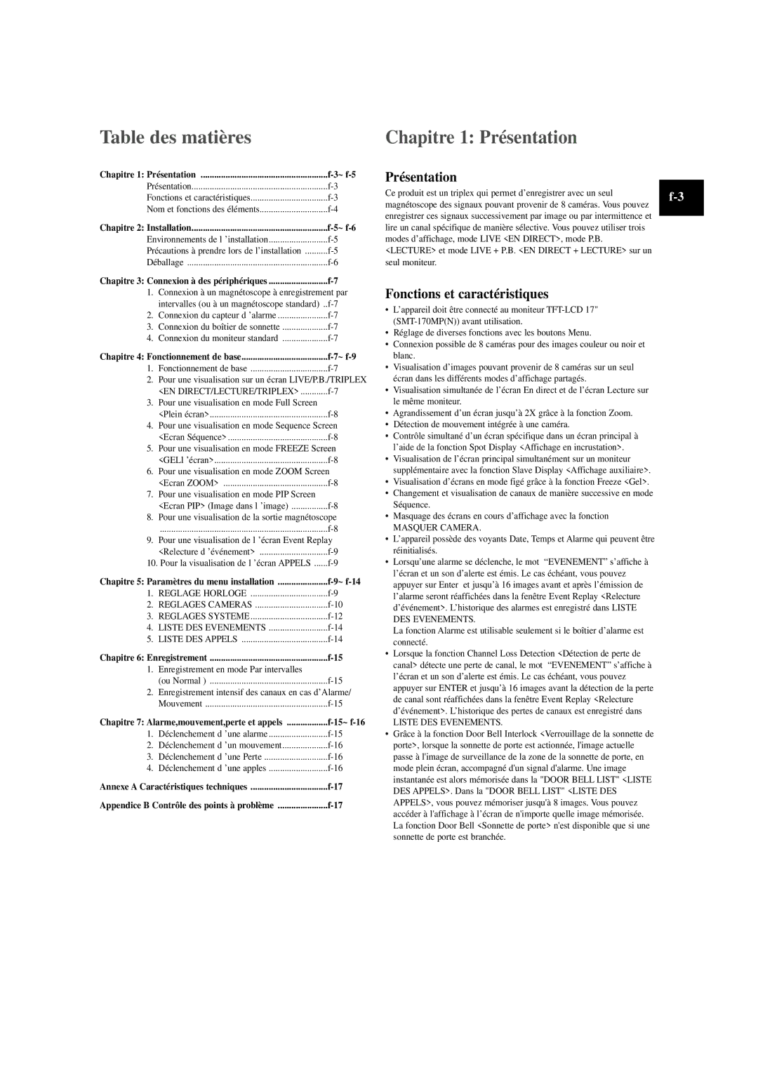 Samsung SOM-080AN manual Table des matières, Présentation, Fonctions et caractéristiques, ~ f-9 