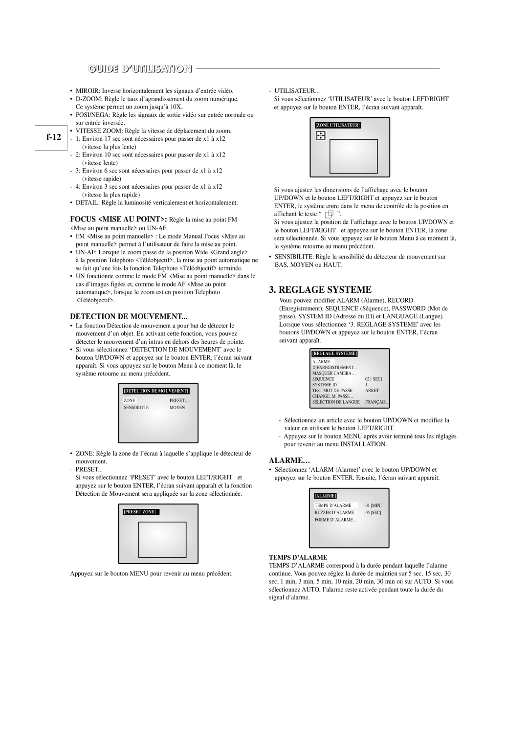 Samsung SOM-080AN manual Reglage Systeme, Detection DE Mouvement, Alarme…, Utilisateur, Temps D’ALARME 