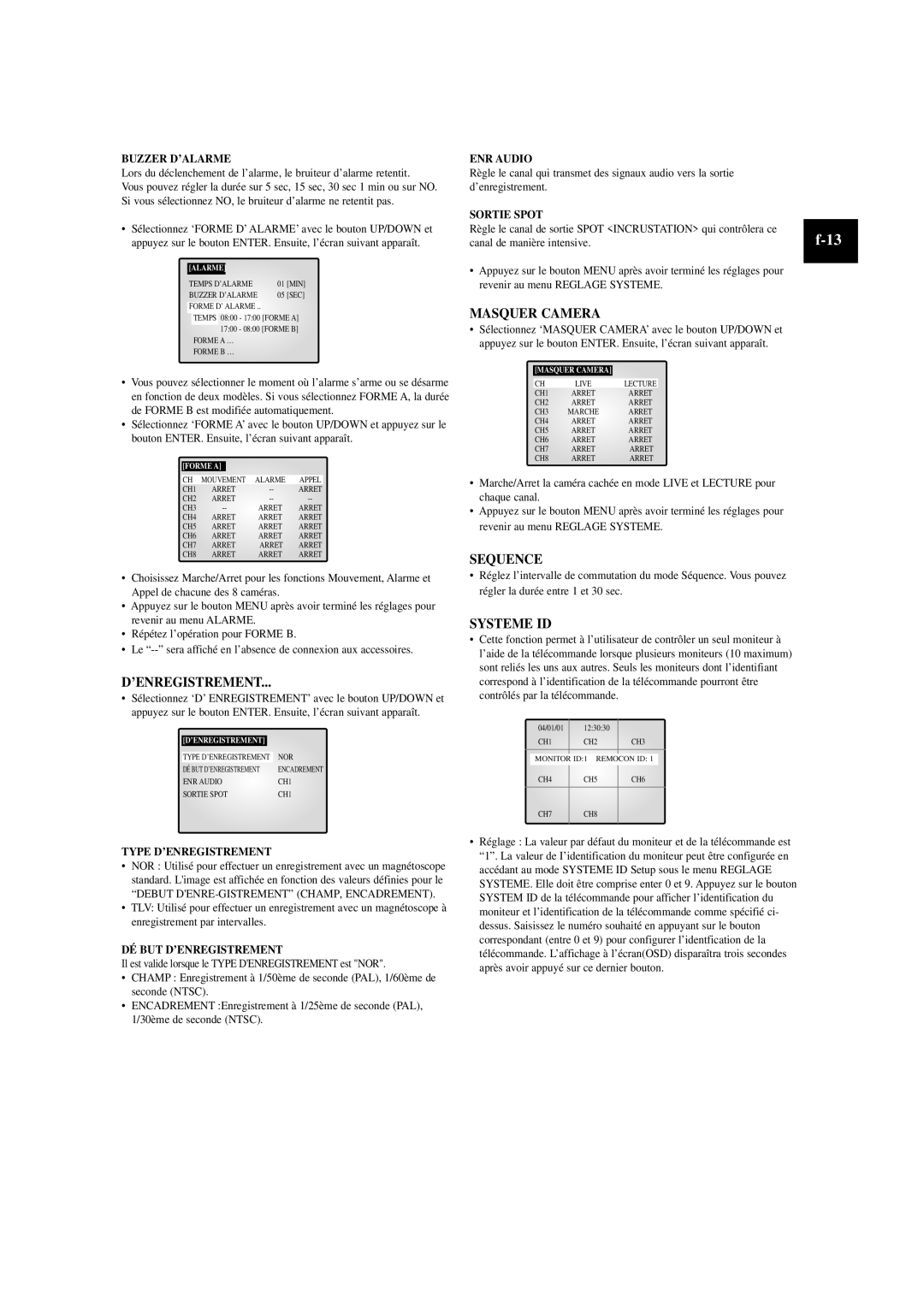 Samsung SOM-080AN manual ’Enregistrement, Masquer Camera, Systeme ID 