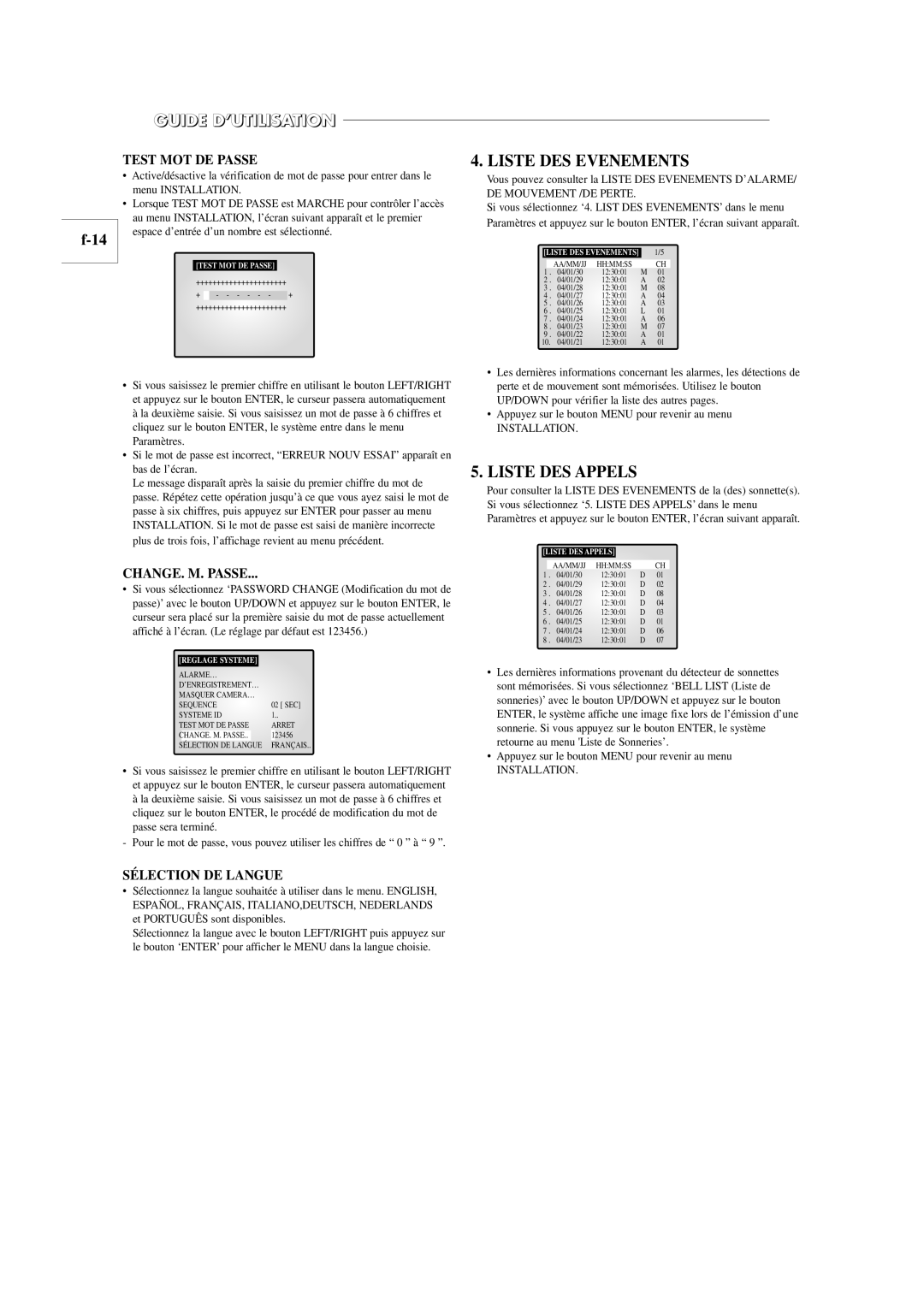 Samsung SOM-080AN manual Liste DES Evenements, Liste DES Appels, Test MOT DE Passe, CHANGE. M. Passe, Sélection DE Langue 