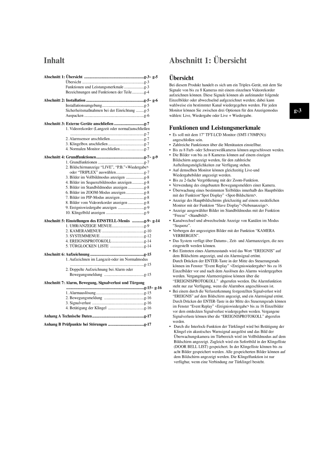 Samsung SOM-080AN manual Inhalt, Übersicht, Funktionen und Leistungsmerkmale, ~ g-9 