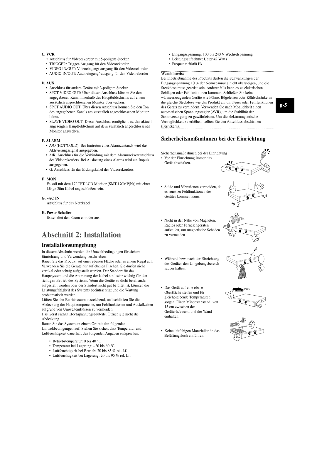 Samsung SOM-080AN manual Abschnitt 2 Installation, Installationsumgebung, Sicherheitsmaßnahmen bei der Einrichtung 