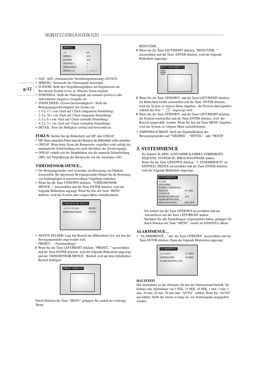 Samsung SOM-080AN manual Systemmenue, Videosensor-Menue, Alarmmenue…, Benutzer, Haltezeit 