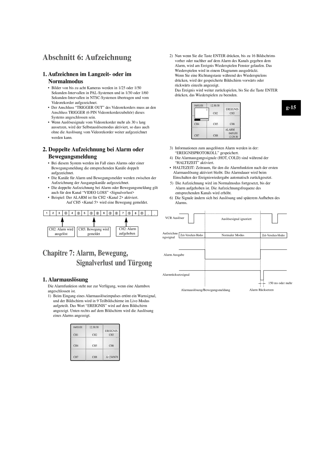 Samsung SOM-080AN manual Abschnitt 6 Aufzeichnung, Aufzeichnen im Langzeit- oder im Normalmodus, Alarmauslösung 