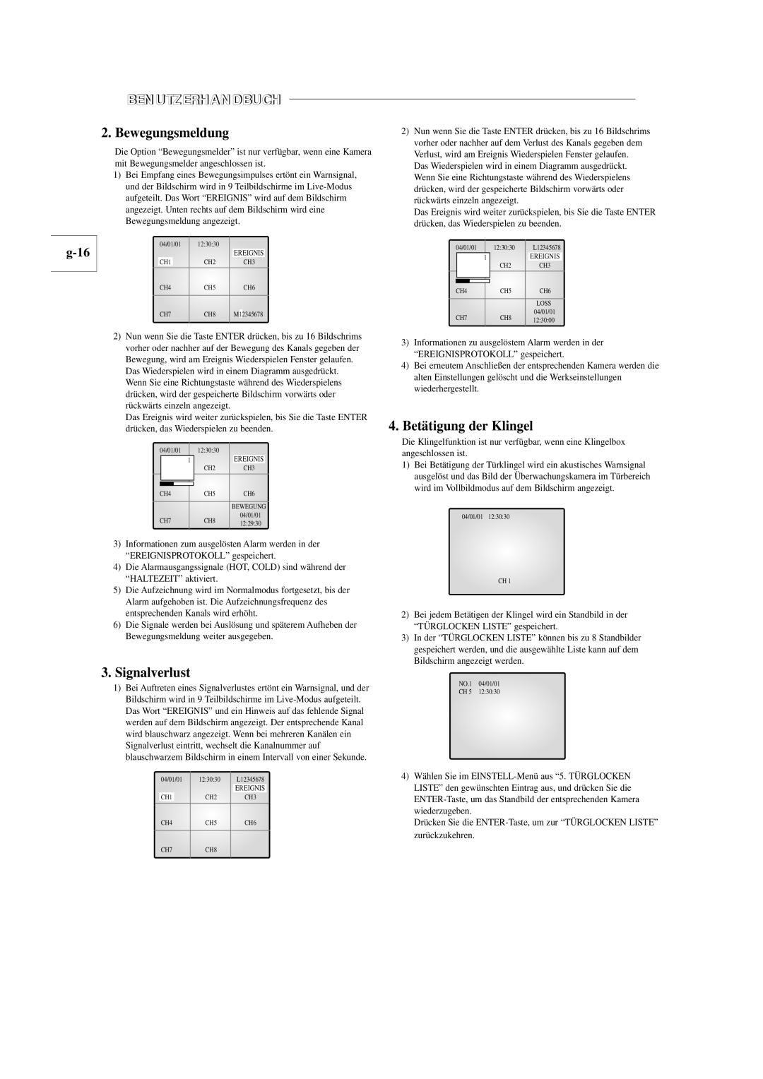 Samsung SOM-080AN manual Bewegungsmeldung, Signalverlust, Betätigung der Klingel 