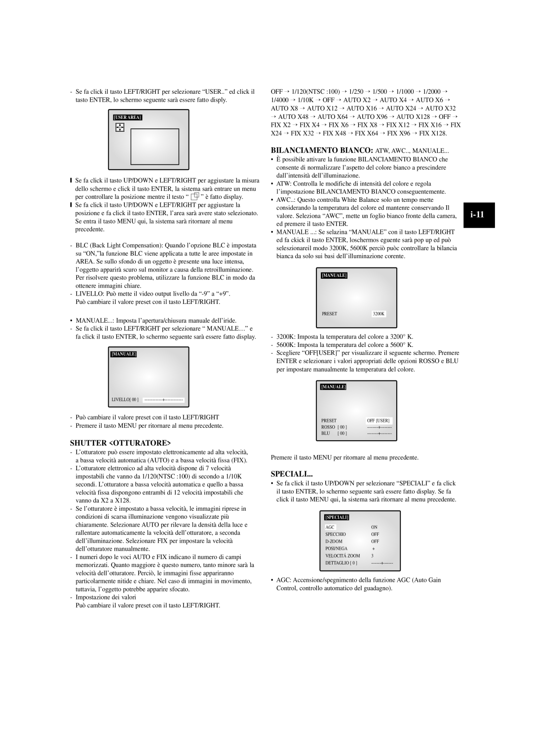 Samsung SOM-080AN manual Shutter Otturatore, Bilanciamento Bianco ATW, AWC.., Manuale, Speciali 