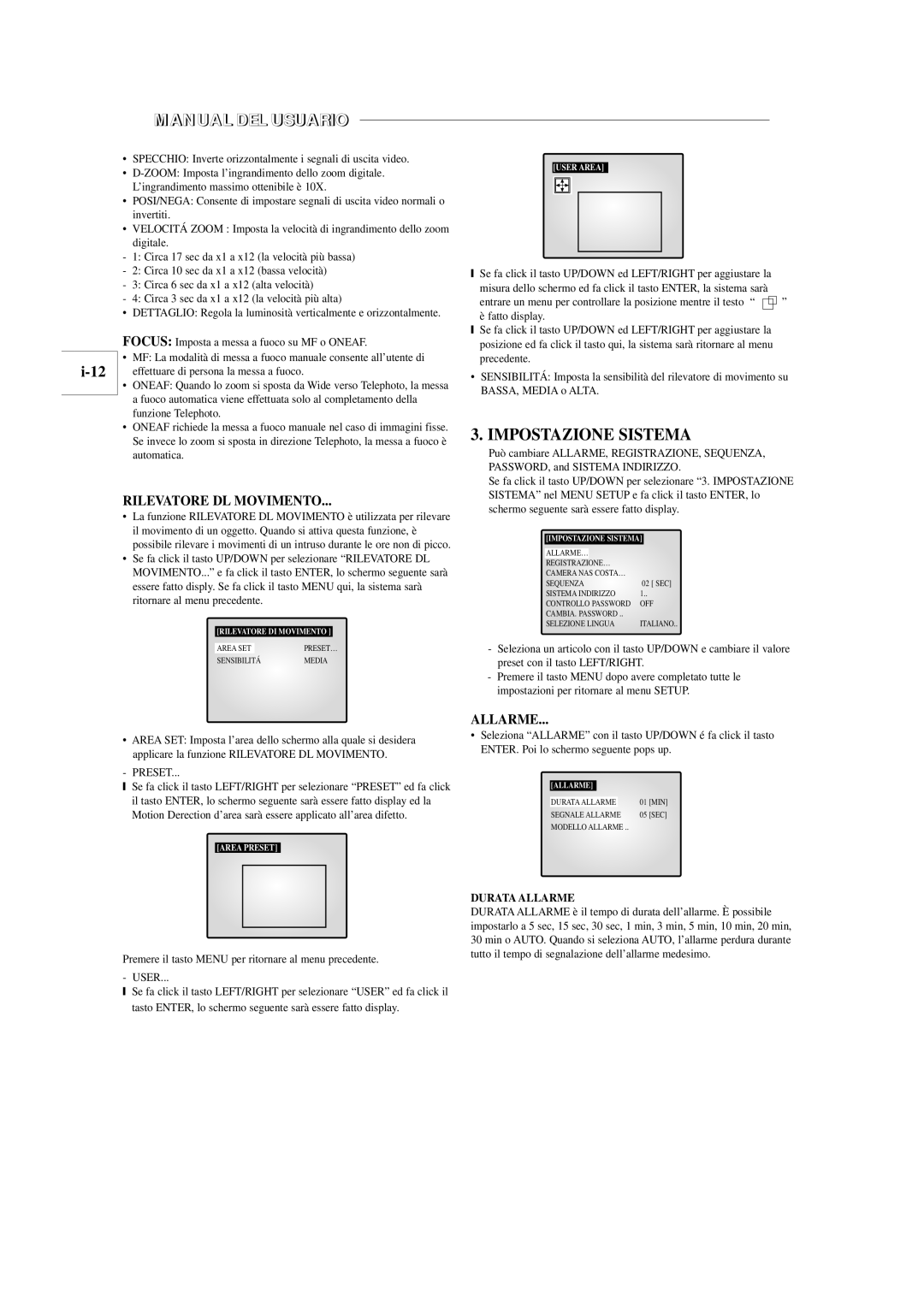 Samsung SOM-080AN manual Impostazione Sistema, Rilevatore DL Movimento, Allarme, Effettuare di persona la messa a fuoco 