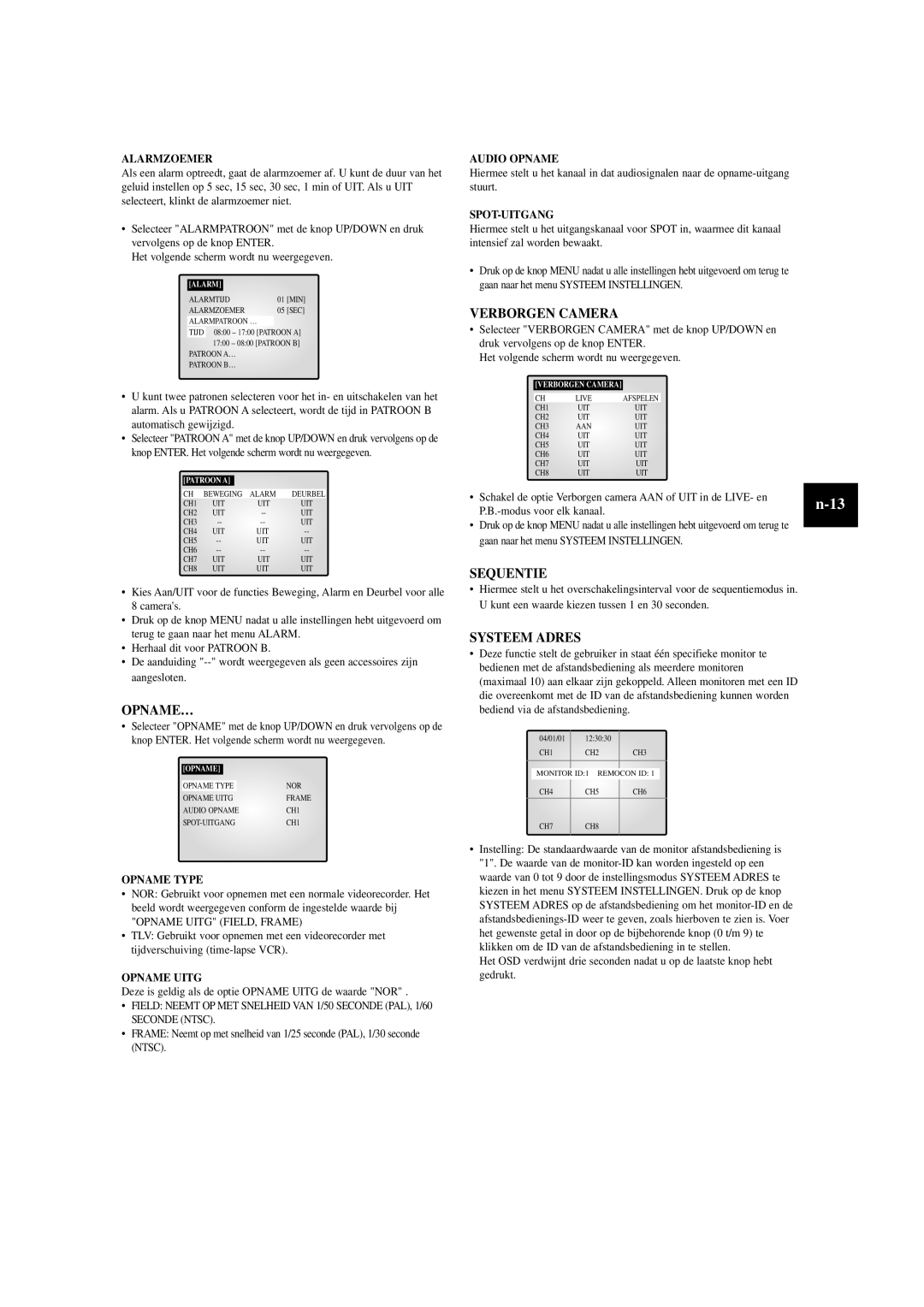 Samsung SOM-080AN manual Opname…, Verborgen Camera, Sequentie, Systeem Adres 