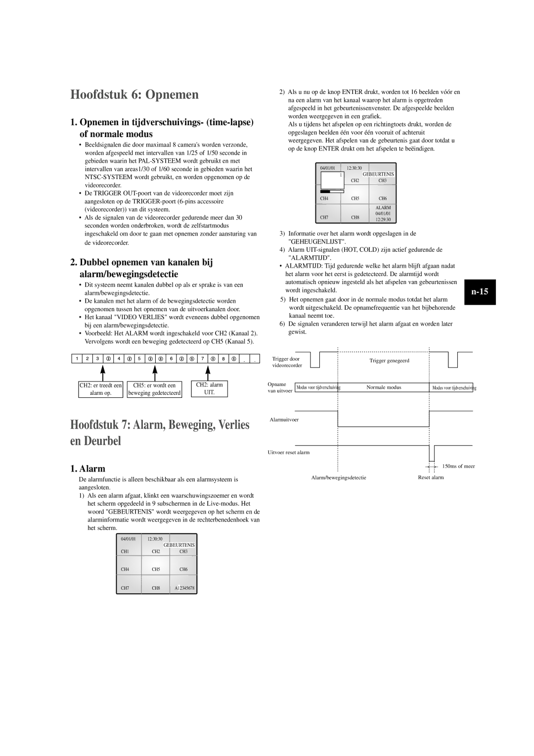 Samsung SOM-080AN manual Hoofdstuk 6 Opnemen, Hoofdstuk 7 Alarm, Beweging, Verlies en Deurbel 