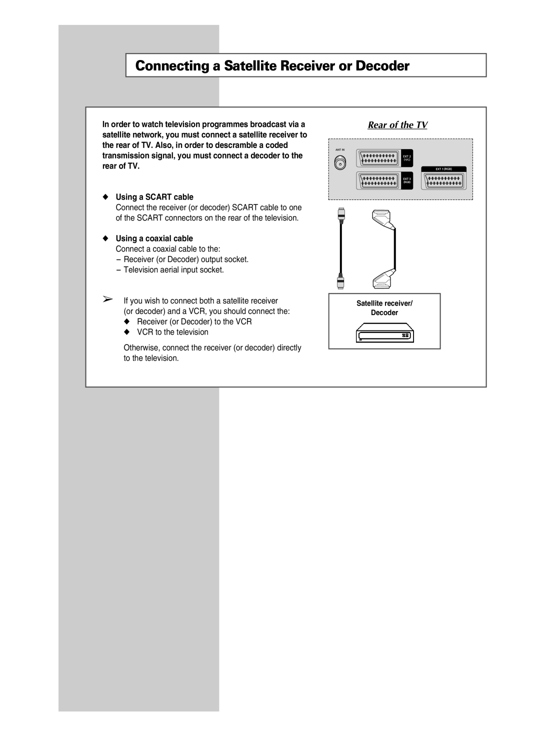 Samsung SP-43R1HL manual Connecting a Satellite Receiver or Decoder 