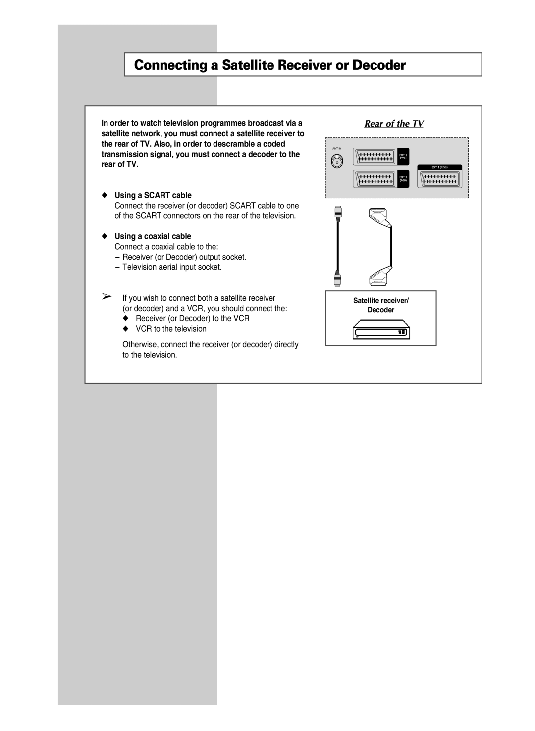 Samsung SP-43R1HL manual Connecting a Satellite Receiver or Decoder, Rear of the TV 