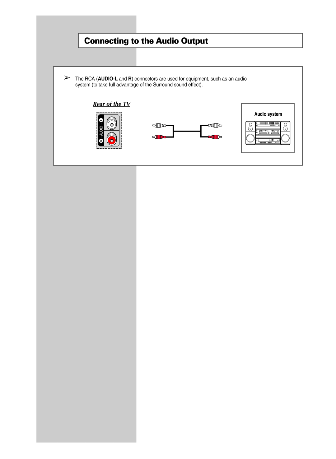 Samsung SP-43R1HL manual Connecting to the Audio Output, Rear of the TV, Audio system 