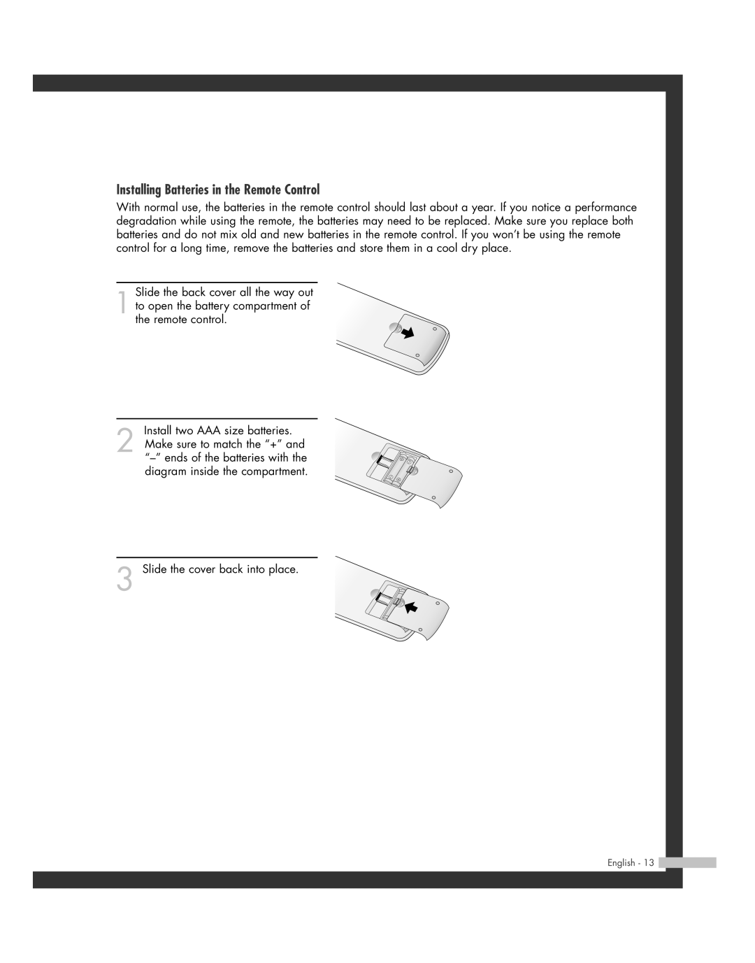 Samsung SP-46L3HR, SP-50L3HR, SP-56L3HR, SP-61L3HR manual Installing Batteries in the Remote Control 