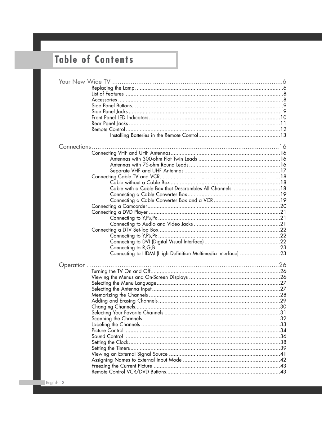 Samsung SP-46L3HR, SP-50L3HR, SP-56L3HR, SP-61L3HR manual Table of Contents 