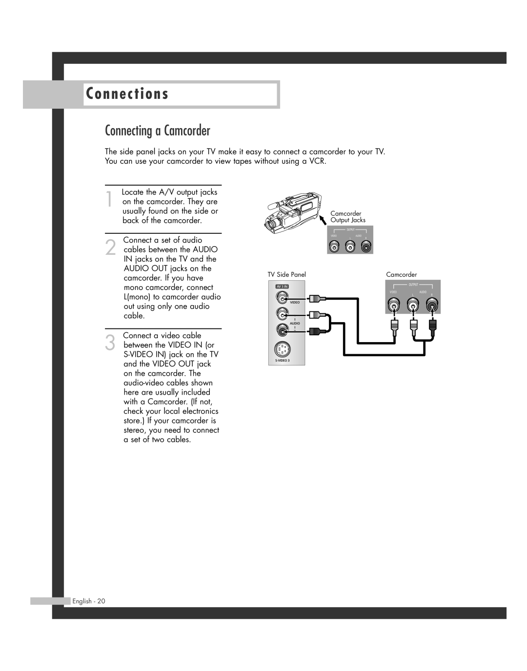 Samsung SP-46L3HR, SP-50L3HR, SP-56L3HR, SP-61L3HR manual Connecting a Camcorder 