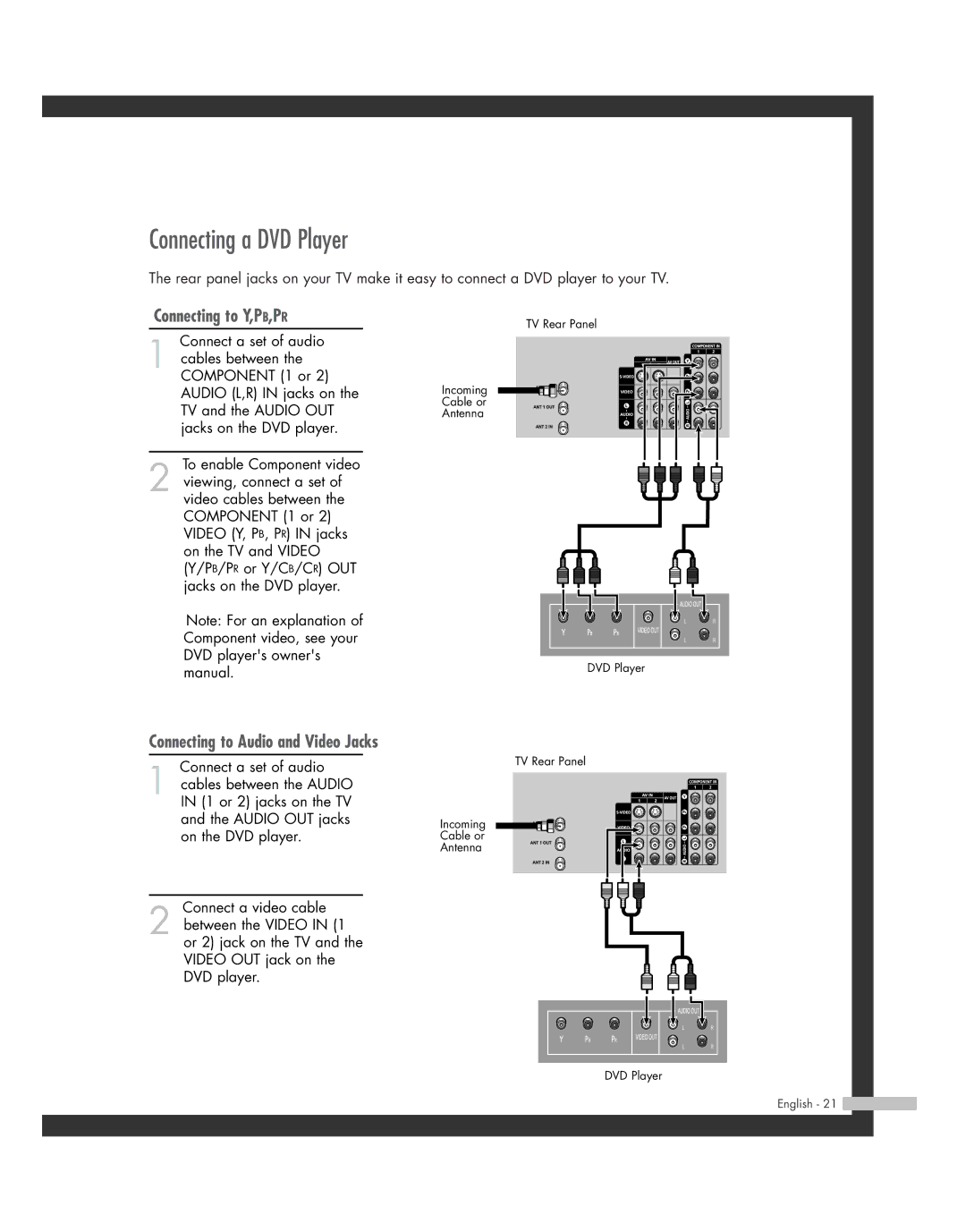 Samsung SP-46L3HR, SP-50L3HR, SP-56L3HR, SP-61L3HR manual Connecting a DVD Player, Connecting to Y,PB,PR 