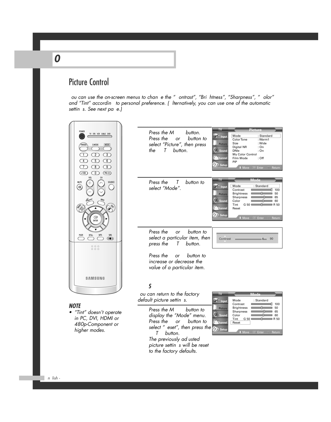 Samsung SP-46L3HR, SP-50L3HR, SP-56L3HR, SP-61L3HR manual Picture Control, Customizing the Picture 