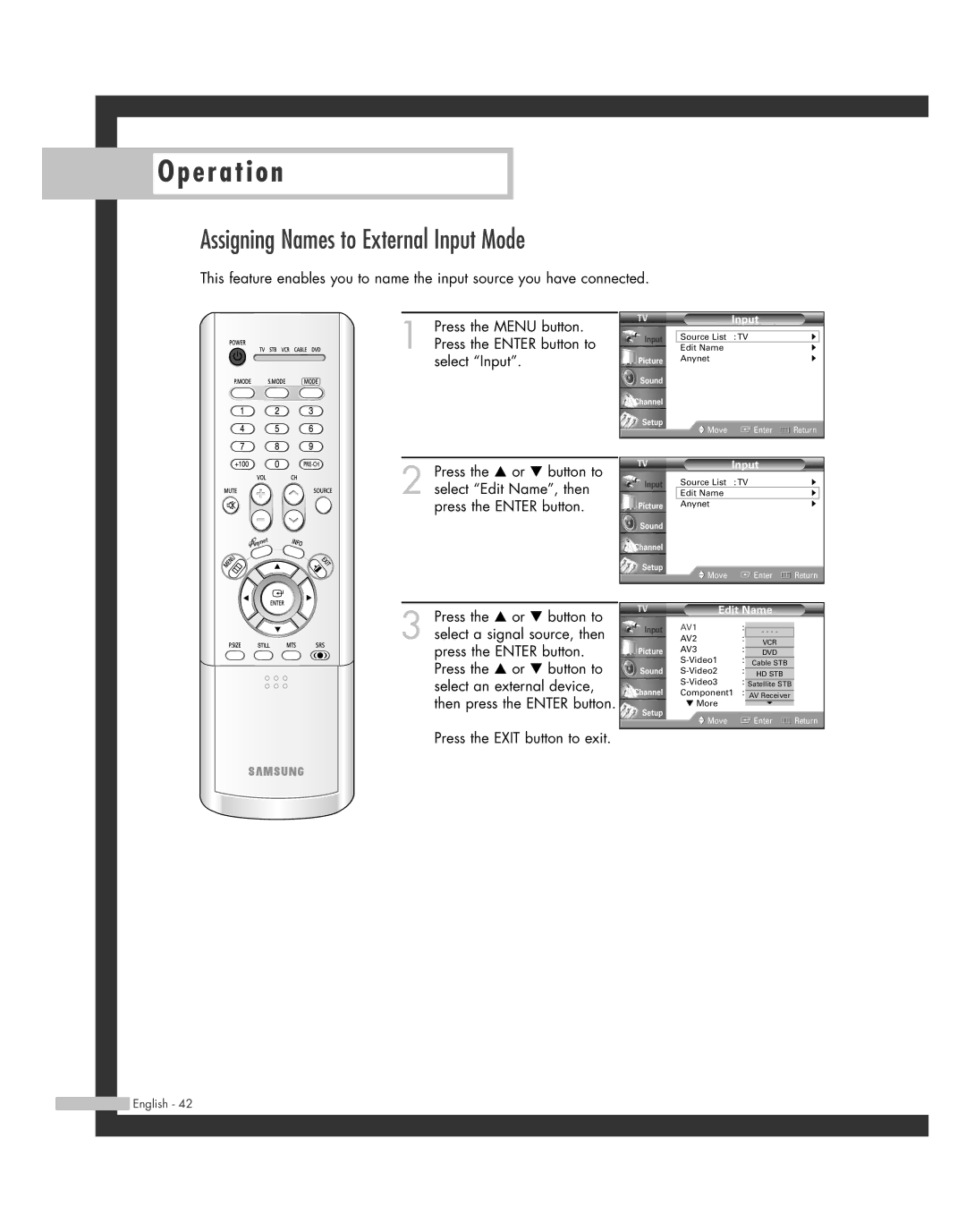 Samsung SP-46L3HR, SP-50L3HR, SP-56L3HR, SP-61L3HR manual Assigning Names to External Input Mode, Edit Name 