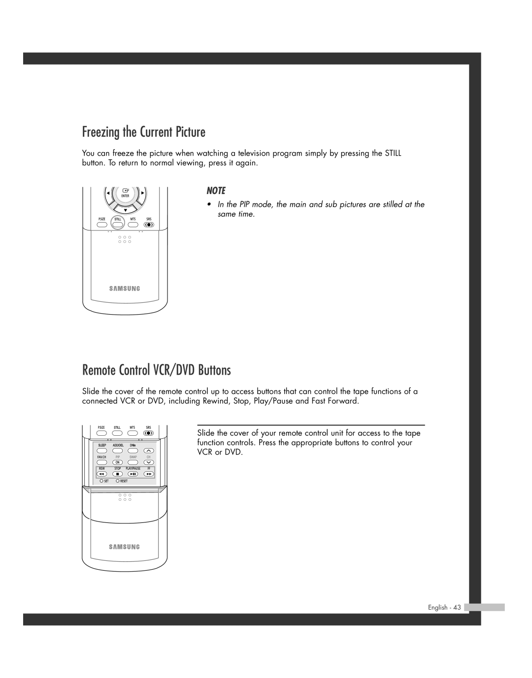 Samsung SP-46L3HR, SP-50L3HR, SP-56L3HR, SP-61L3HR manual Freezing the Current Picture, Remote Control VCR/DVD Buttons 