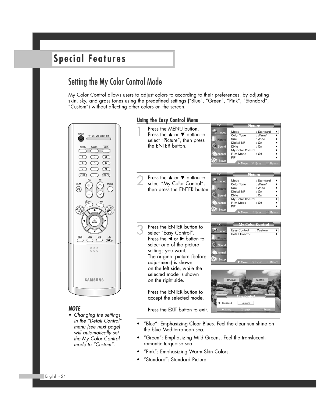 Samsung SP-46L3HR, SP-50L3HR, SP-56L3HR, SP-61L3HR manual Setting the My Color Control Mode, Using the Easy Control Menu 