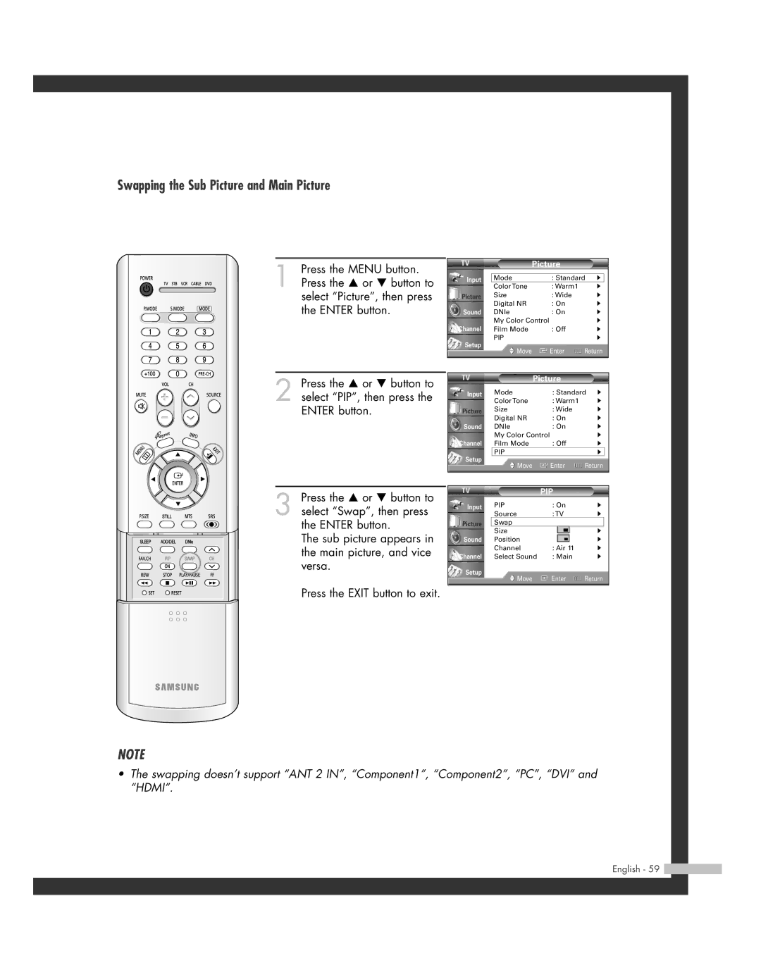 Samsung SP-46L3HR, SP-50L3HR, SP-56L3HR, SP-61L3HR manual Swapping the Sub Picture and Main Picture 