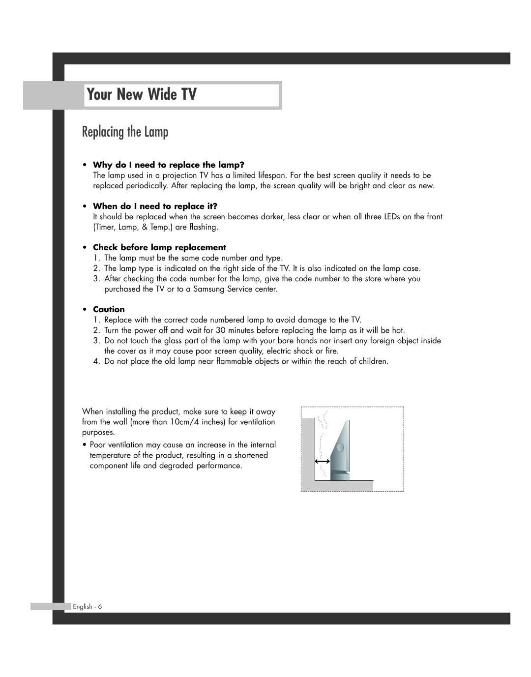 Samsung SP-46L3HR, SP-50L3HR, SP-56L3HR, SP-61L3HR manual Your New Wide TV, Replacing the Lamp 