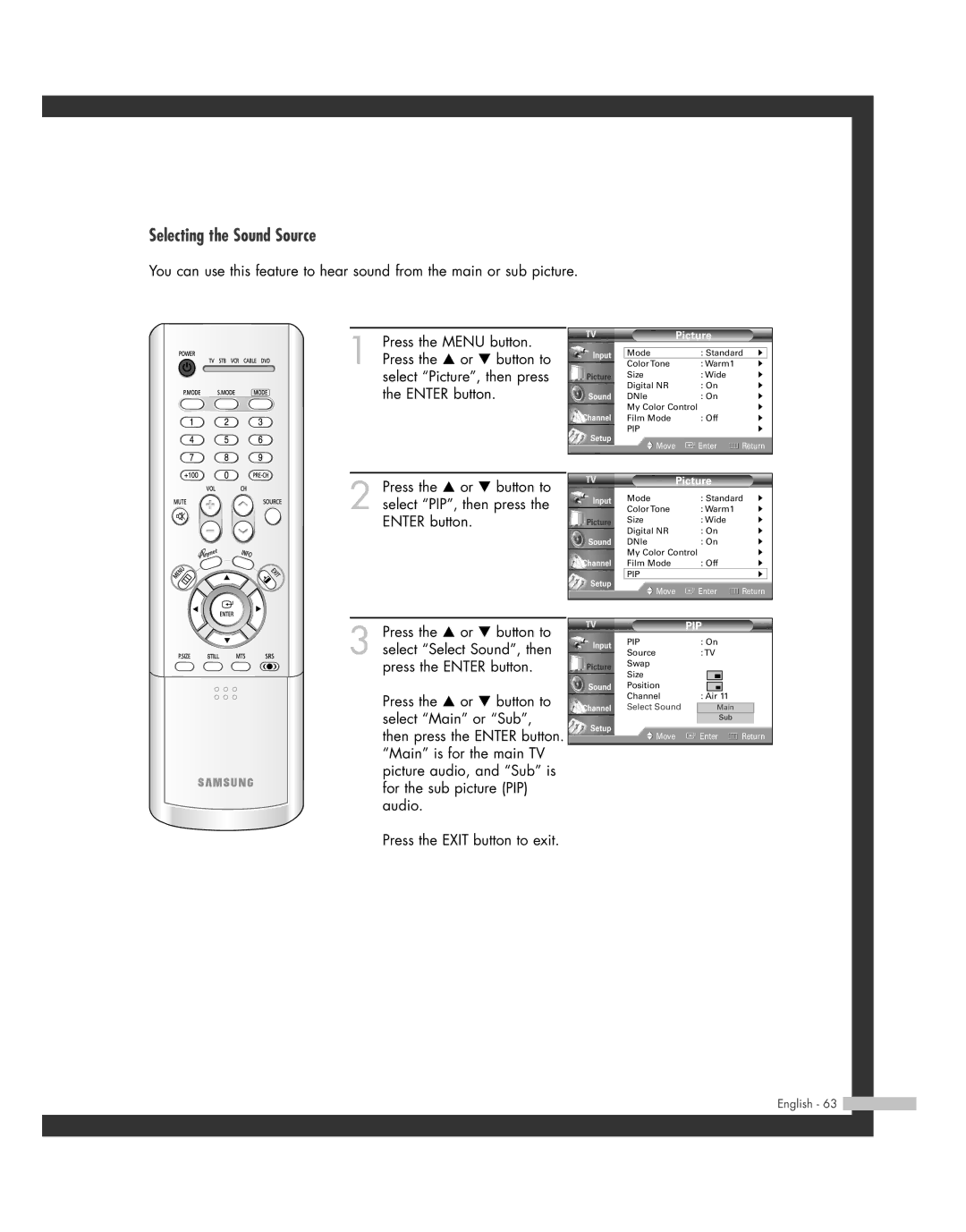 Samsung SP-46L3HR, SP-50L3HR, SP-56L3HR, SP-61L3HR manual Selecting the Sound Source 