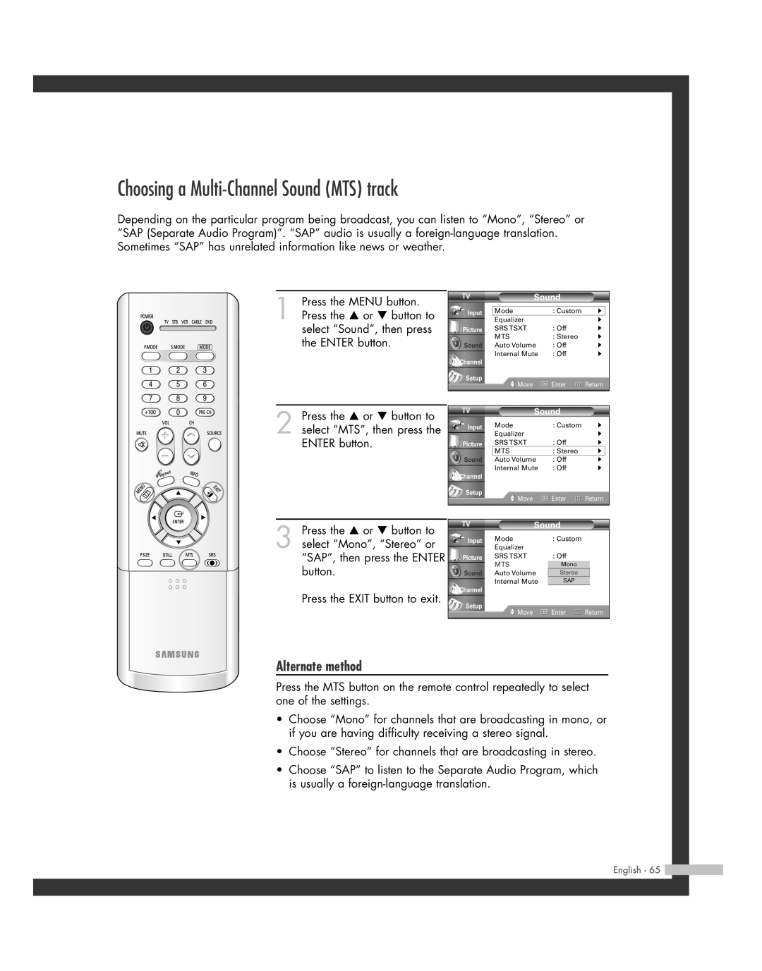 Samsung SP-46L3HR, SP-50L3HR, SP-56L3HR, SP-61L3HR manual Choosing a Multi-Channel Sound MTS track 