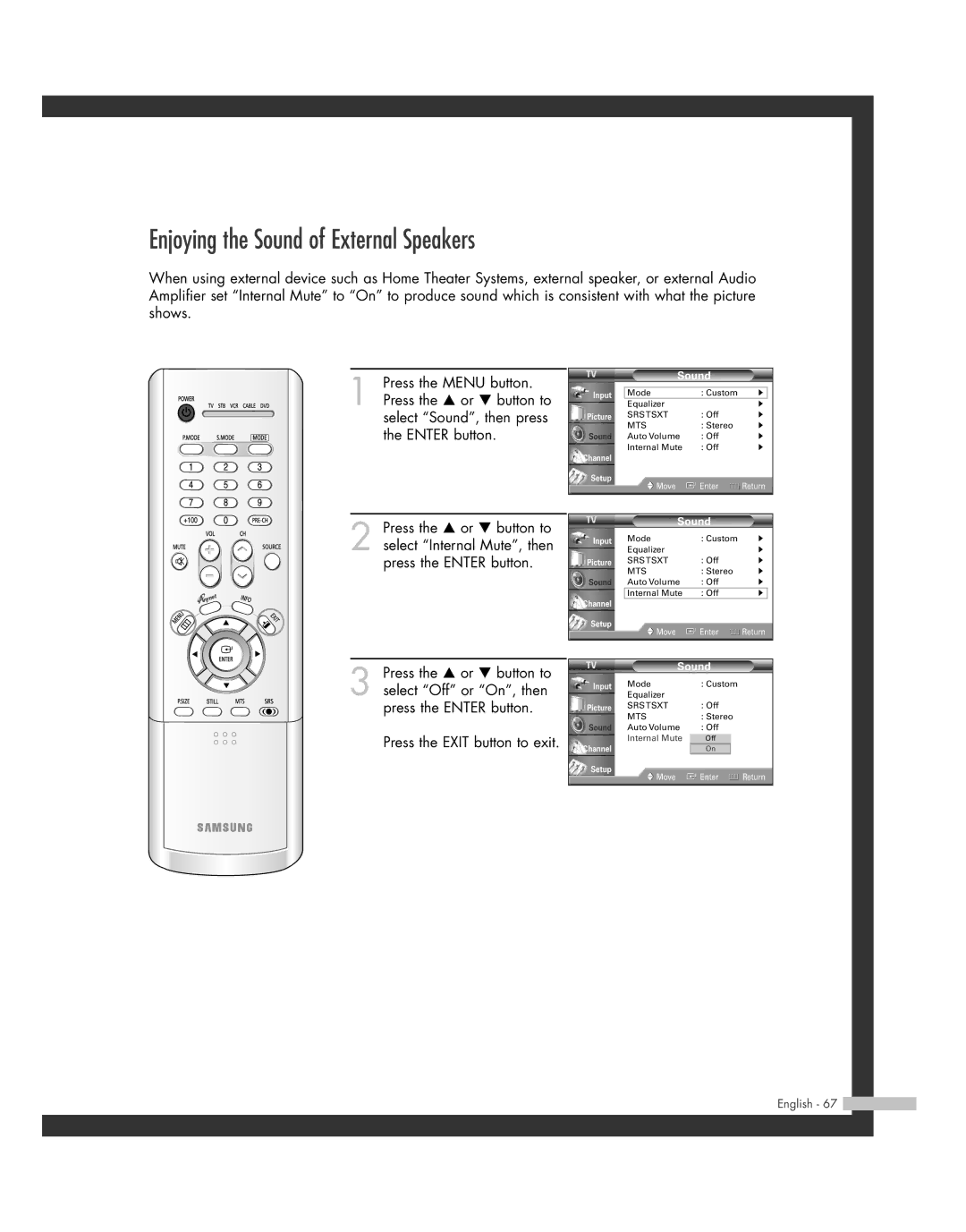 Samsung SP-46L3HR, SP-50L3HR, SP-56L3HR, SP-61L3HR manual Enjoying the Sound of External Speakers 