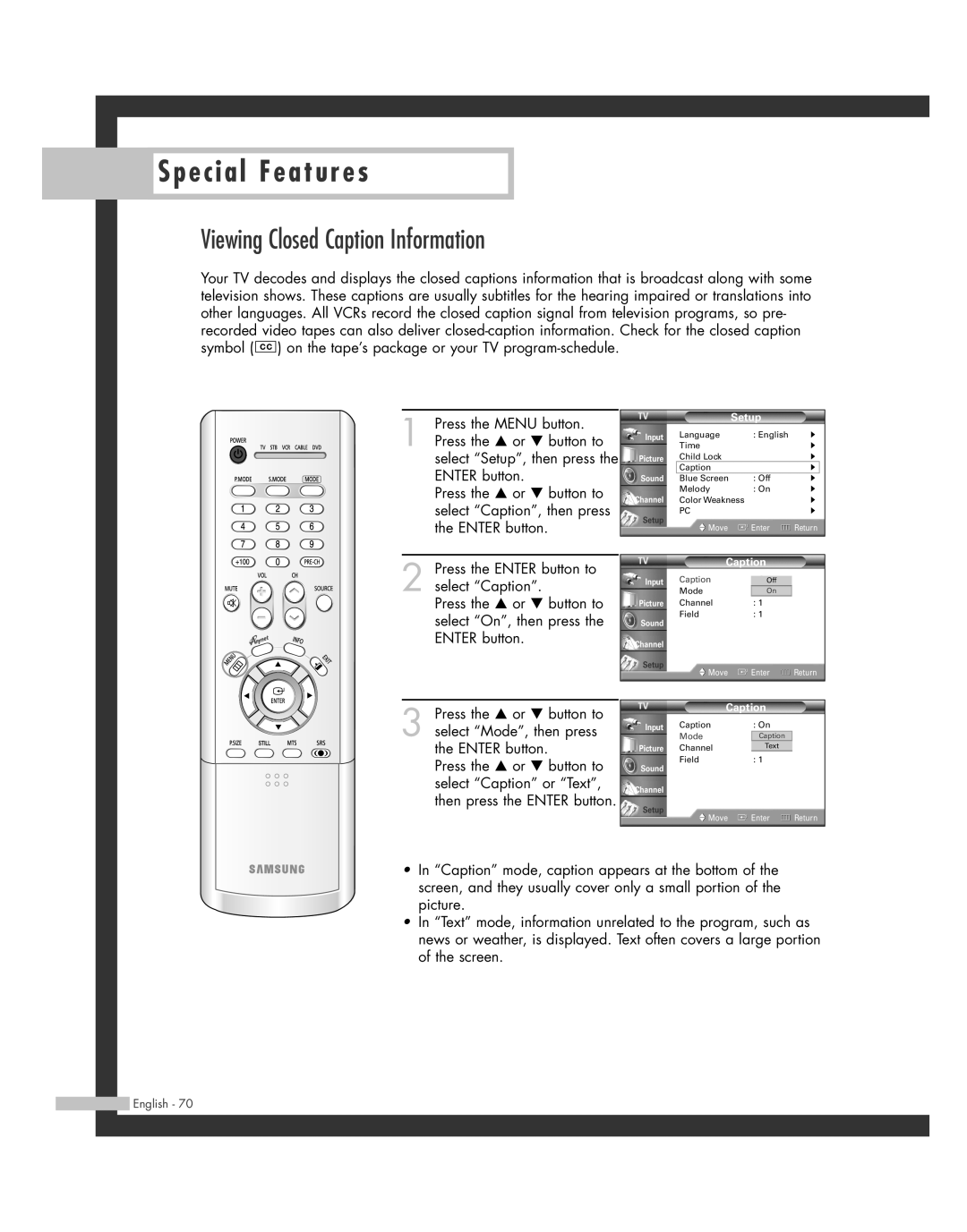 Samsung SP-46L3HR, SP-50L3HR, SP-56L3HR, SP-61L3HR manual Viewing Closed Caption Information 