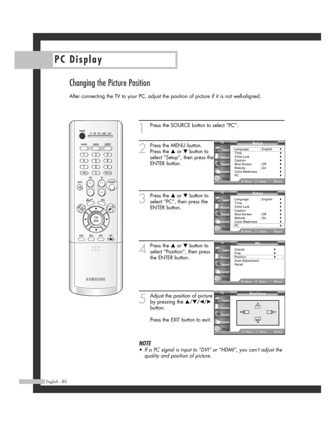 Samsung SP-46L3HR, SP-50L3HR, SP-56L3HR, SP-61L3HR manual Changing the Picture Position 