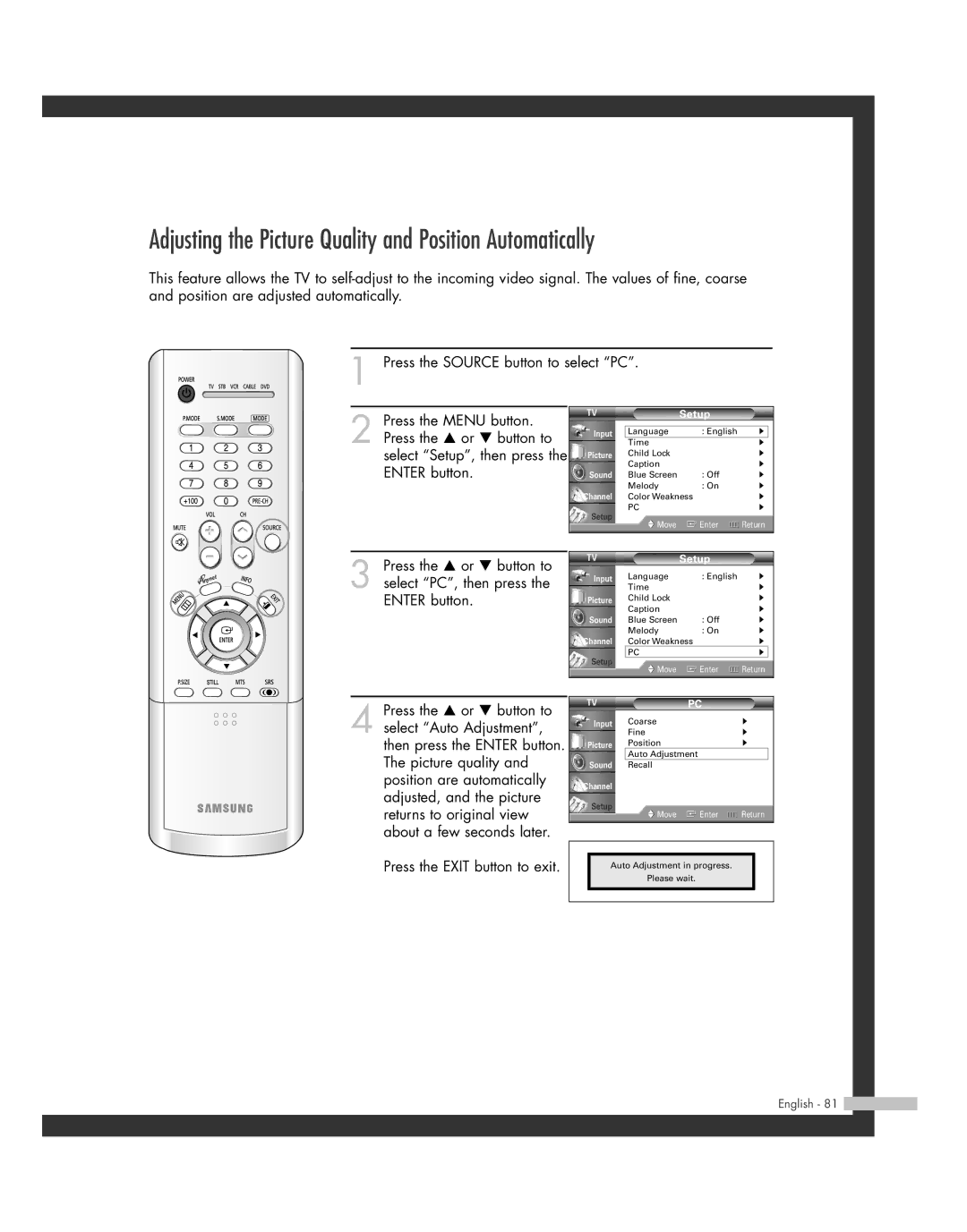 Samsung SP-46L3HR, SP-50L3HR, SP-56L3HR, SP-61L3HR manual Adjusting the Picture Quality and Position Automatically 