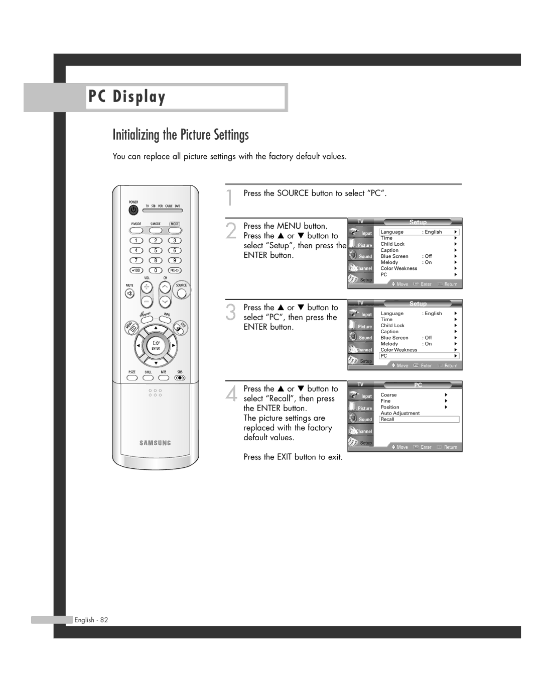 Samsung SP-46L3HR, SP-50L3HR, SP-56L3HR, SP-61L3HR manual Initializing the Picture Settings 