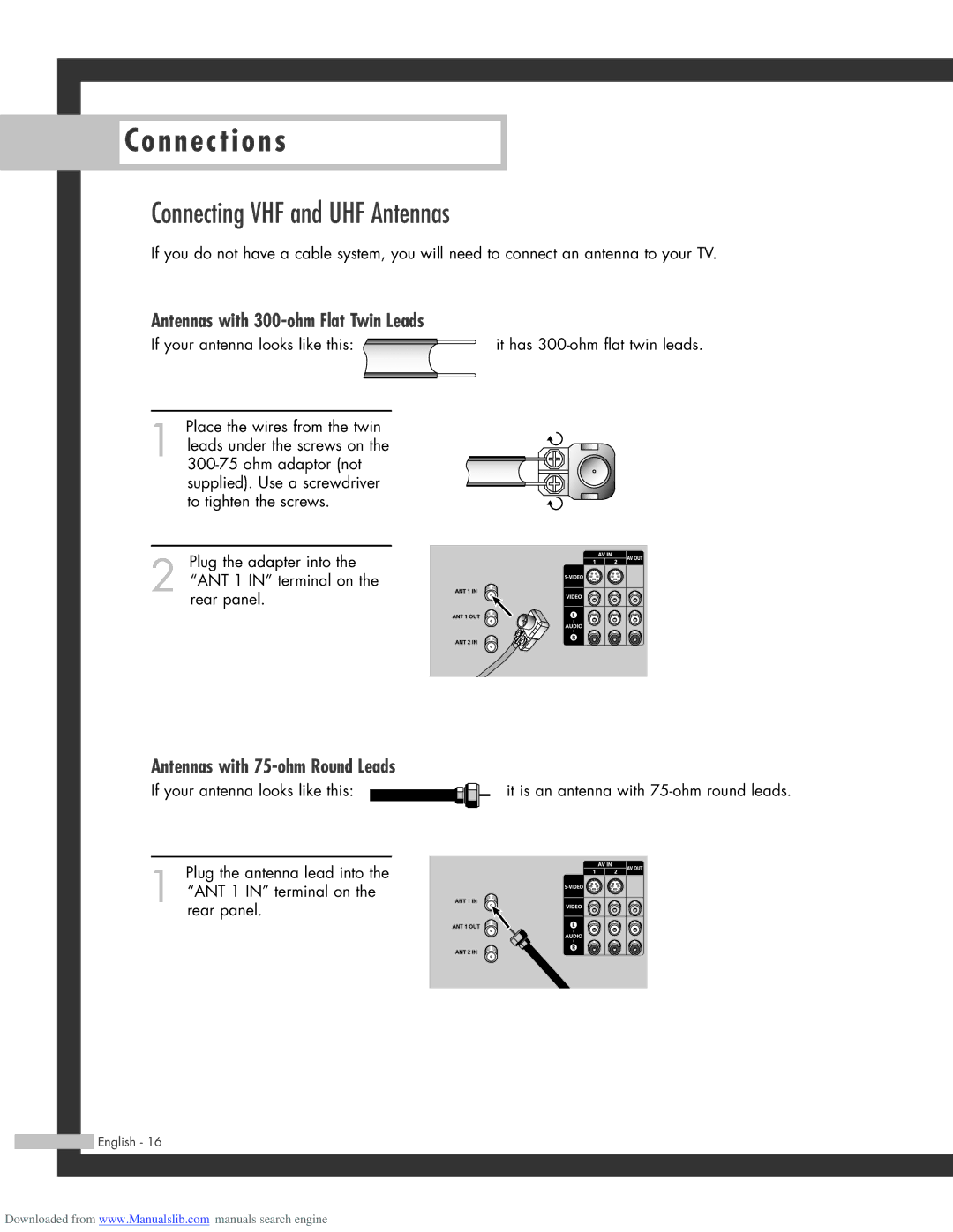 Samsung SP-56L3HR Connecting VHF and UHF Antennas, Antennas with 300-ohm Flat Twin Leads, Antennas with 75-ohm Round Leads 