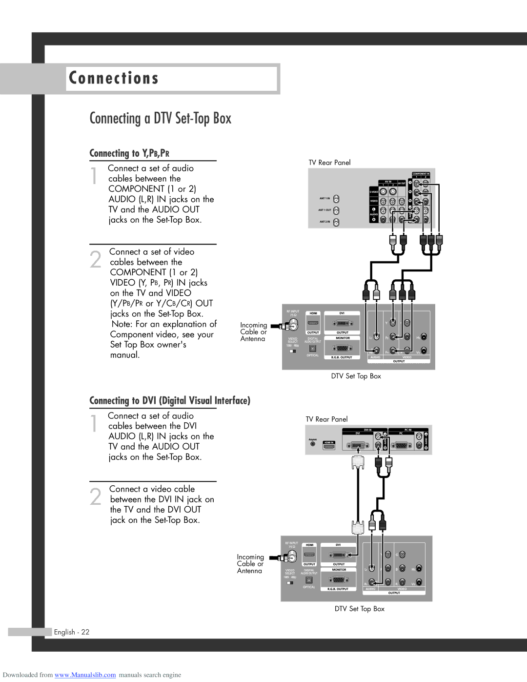 Samsung SP-56L3HR, SP-50L3HR, SP-61L3HR manual Connecting a DTV Set-Top Box, Connecting to DVI Digital Visual Interface 